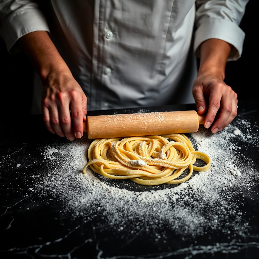 Chef rolling fresh pasta by hand
